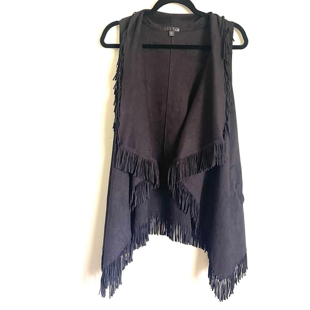 TCEC Black Faux Suede Fringe Vest Western Boho Festival Asymmetric Hem Size L